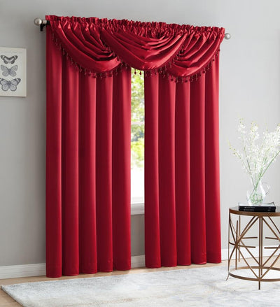 1 of 3:Bridget Crushed Satin Rod Pocket Panel and Waterfall Valance Window Treatments, Red 