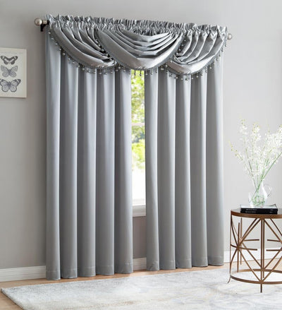 1 of 3:Bridget Crushed Satin Rod Pocket Panel and Waterfall Valance Window Treatments, Silver 